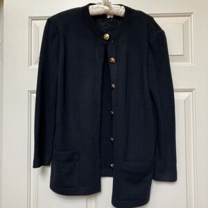 ST JOHN BASICS Black Santana Knit Cardigan Jacket Large Gold Button Pockets Long